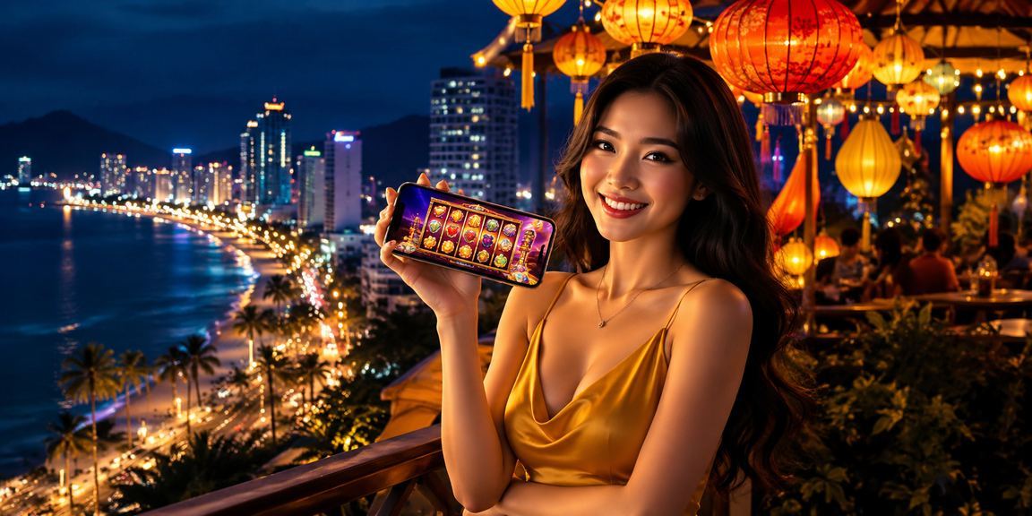 Người dùng trải nghiệm slot game trực tuyến dưới ánh đèn lồng Hội An về đêm
