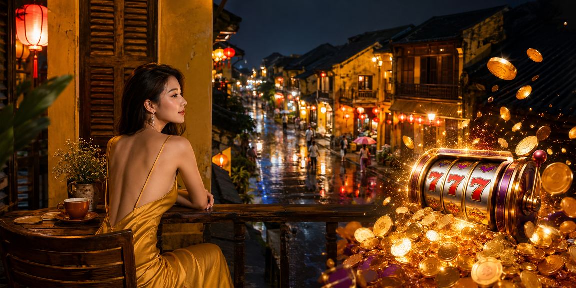 Người chơi tại Hội An trải nghiệm slot game trên điện thoại bên ly cà phê